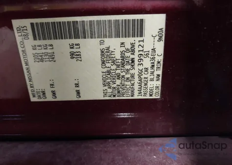 2016 Nissan Maxima 3.5 Platinum z USA, uszkodzony, nr VIN 1N4AA6AP0GC399121